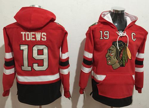 Blackhawks #19 Jonathan Toews Red Name & Number Pullover NHL Hoodie - Click Image to Close